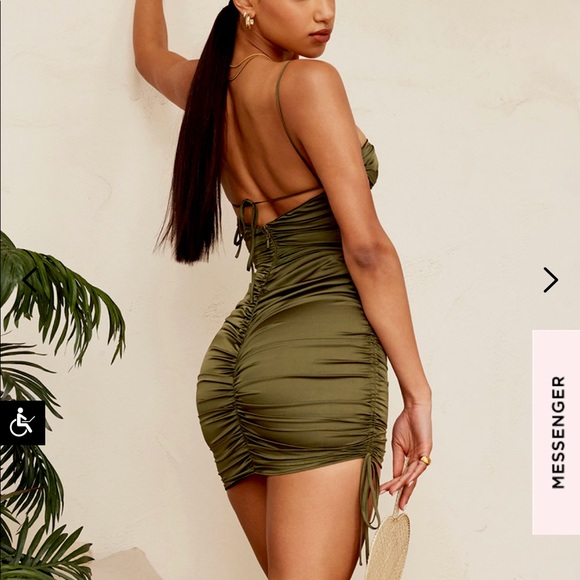 NW: House of CB — Mistress Rocks Afterglow Olive Asymmetric Rouched Mini Dress - Picture 4 of 8